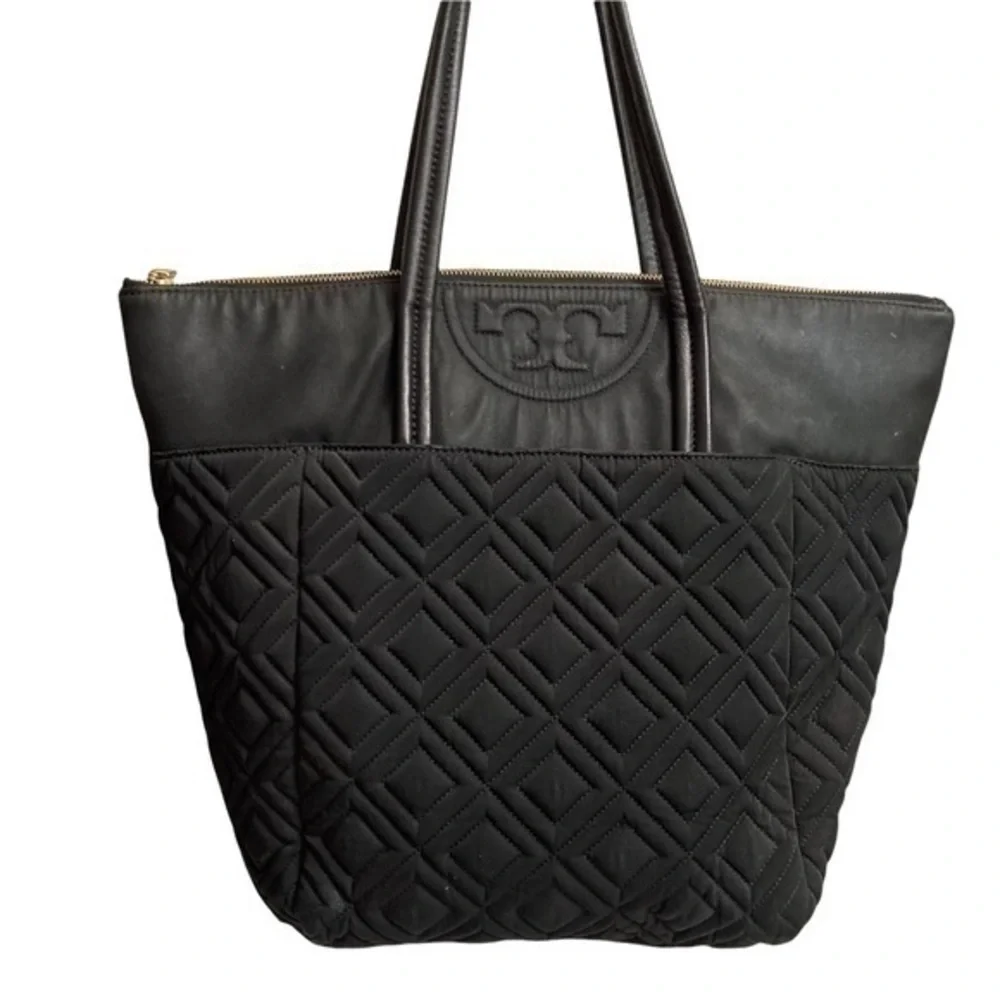 Tory Burch black nylon leather quilted zipper tote bag